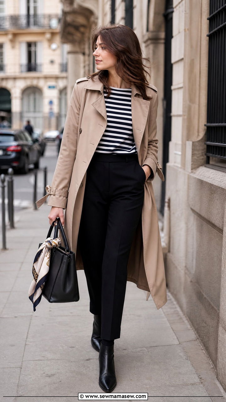 Breton Top With a Trench Coat - 25 French girl outfit ideas with a Breton top