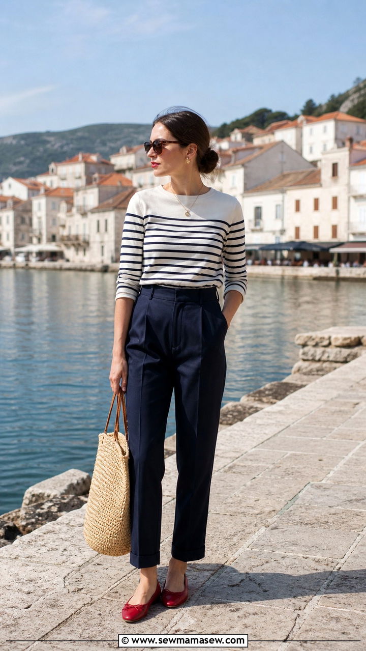 Breton Top and Navy Trousers Travel Outfit - 40 what to wear for travel