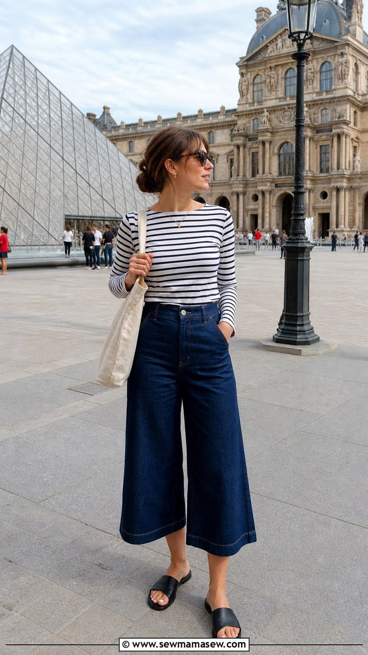 Breton Top with Denim Culottes - 40 summer parisian outfits