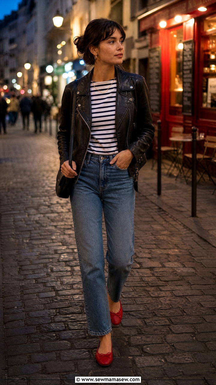Breton Top with Leather Jacket and Straight Leg Jeans - 25 French girl outfit ideas with a striped shirt