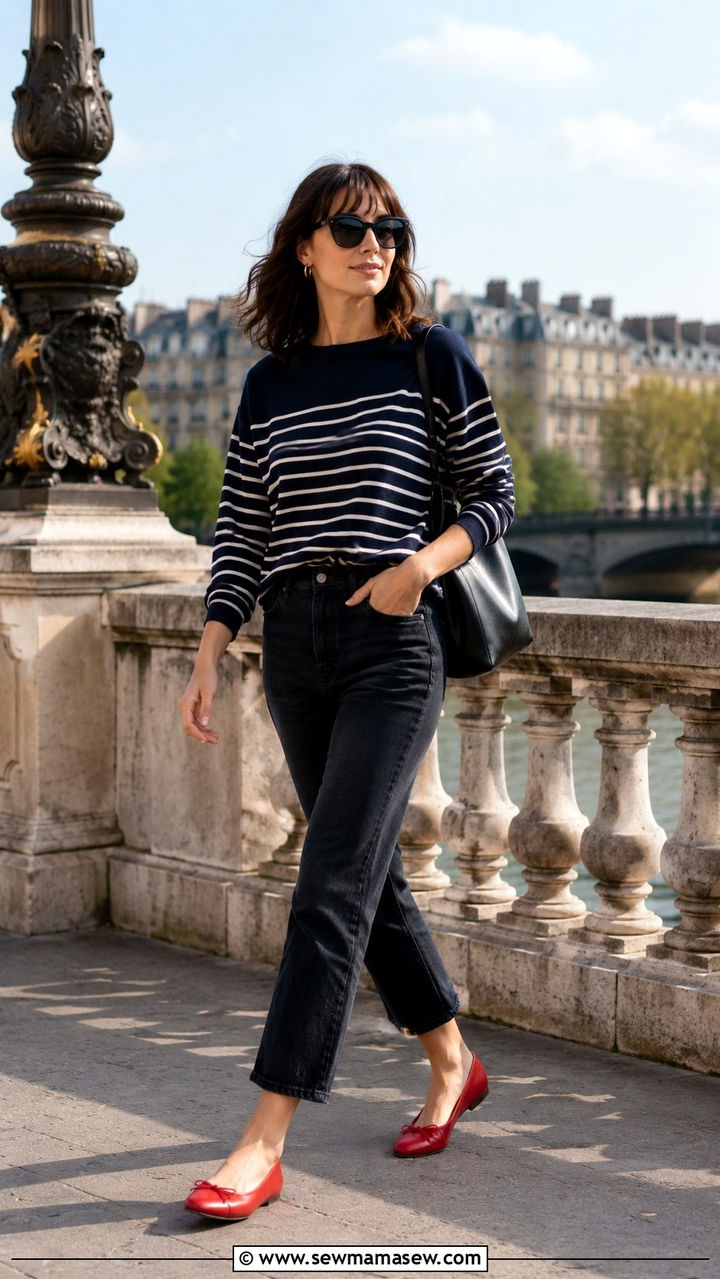 Breton Top with Red Ballet Flats and Cropped Jeans Outfit - 30 casual parisian outfits