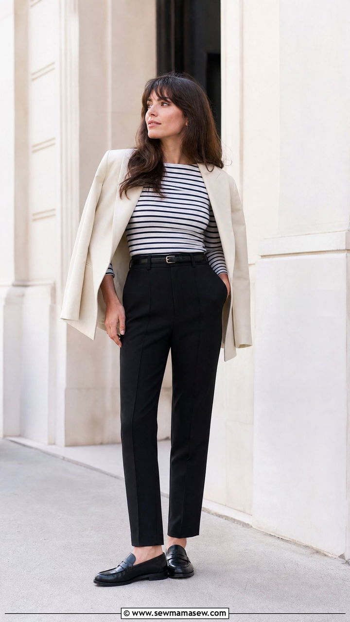 Breton Top with Tailored Trousers and Loafers - 25 French girl outfit ideas with a striped shirt