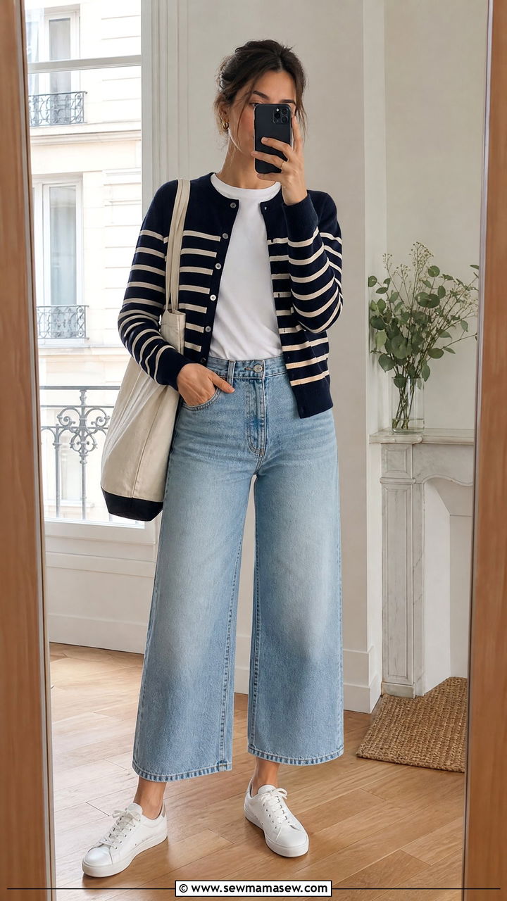 Breton stripe cardigan over a white crewneck tee with cropped wide leg jeans - 25 French girl outfit ideas with Breton stripes