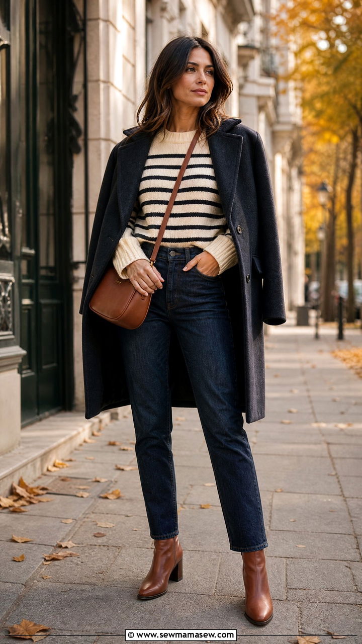 Breton stripe knit sweater with dark wash jeans and ankle boots - 25 French girl outfit ideas with Breton stripes