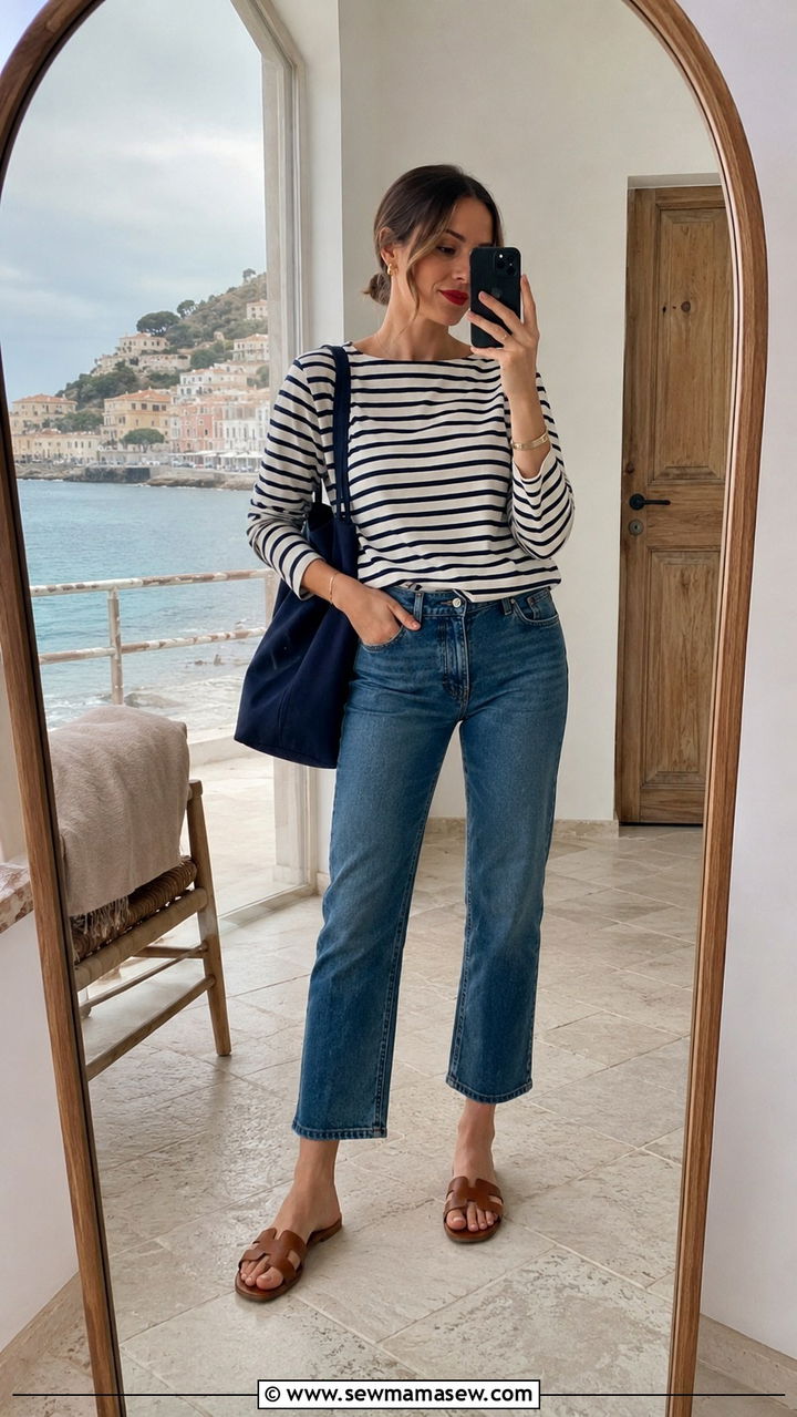 Breton stripe top and cropped jeans outfit - 30 Travel capsule wardrobe ideas