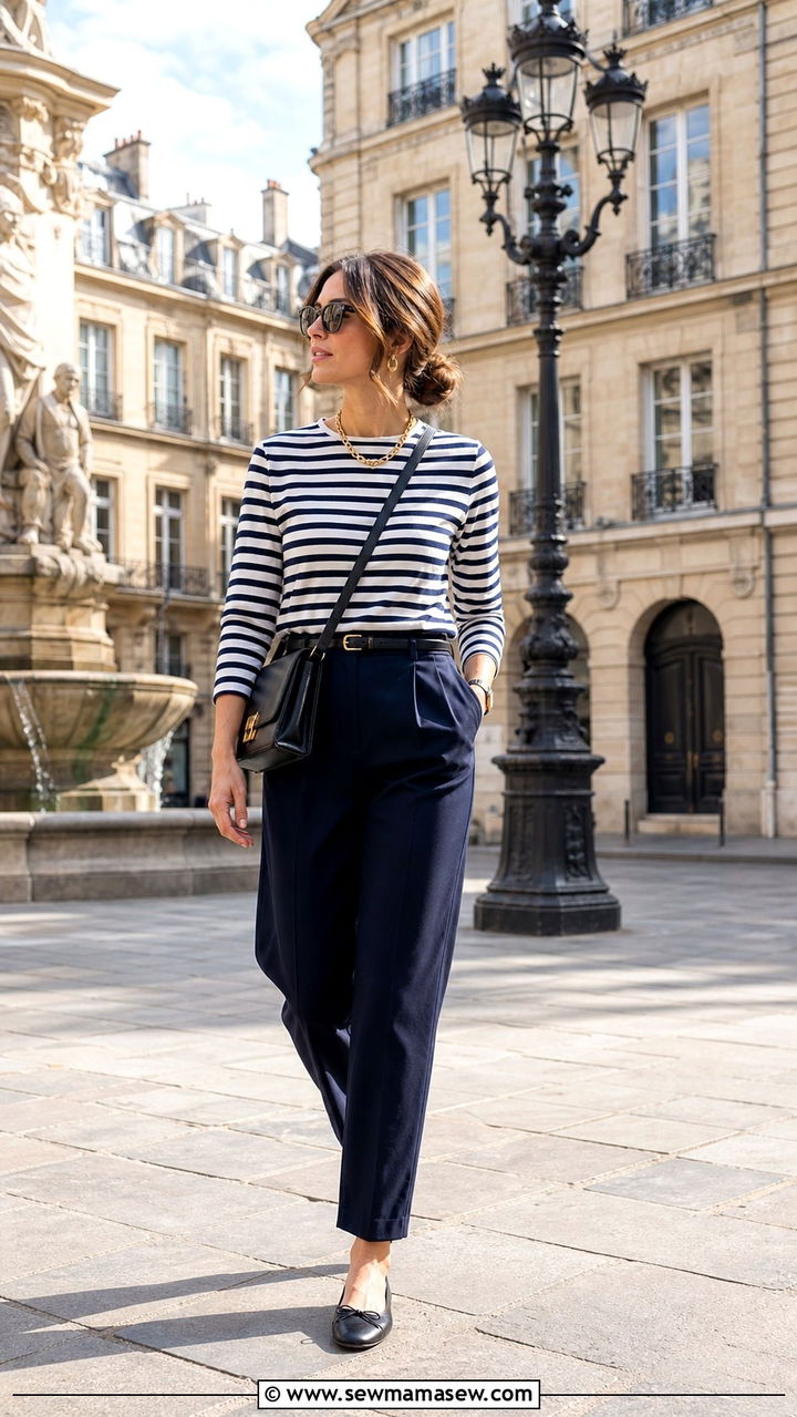Breton stripe top and tailored trousers outfit - 40 Paris outfits