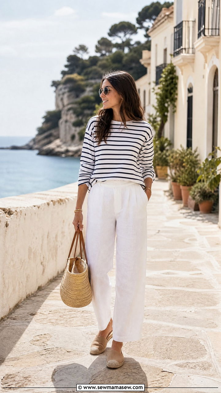 Breton stripe top and white linen trousers outfit - 25 Riviera outfit ideas