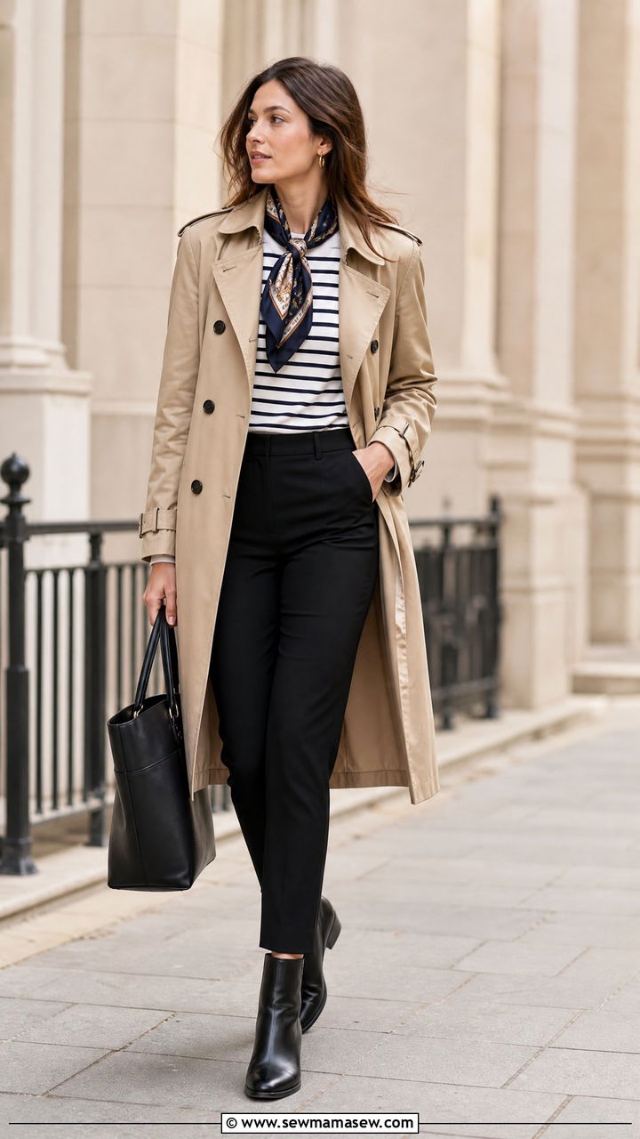 Breton stripe top layered under a beige trench coat with ankle boots - 25 French girl outfit ideas with Breton stripes
