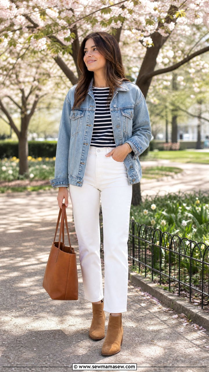 Breton stripe top layered under a denim jacket with white jeans - 25 French girl outfit ideas with Breton stripes