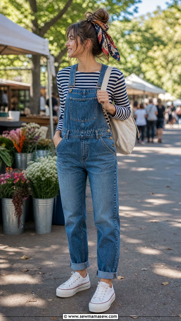 Breton stripe top layered under denim overalls with platform sneakers - 25 French girl outfit ideas with Breton stripes