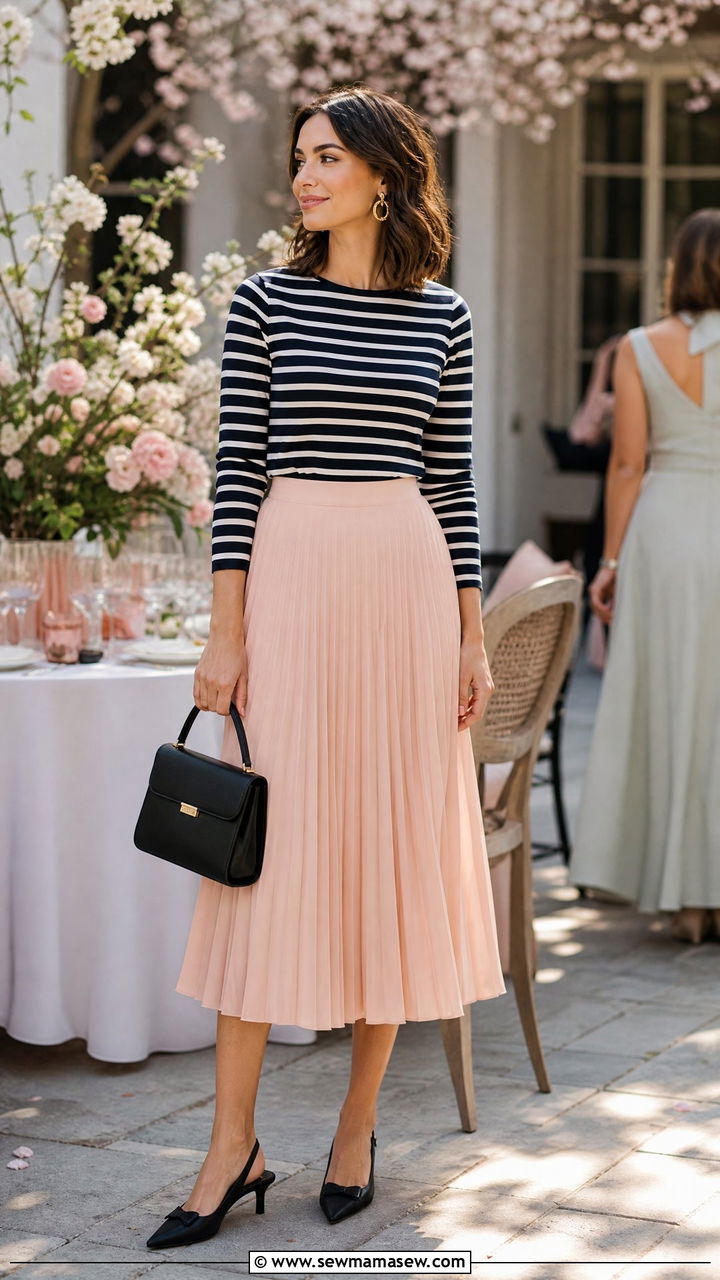 Breton stripe top tucked into a pleated midi skirt with slingbacks - 25 French girl outfit ideas with Breton stripes
