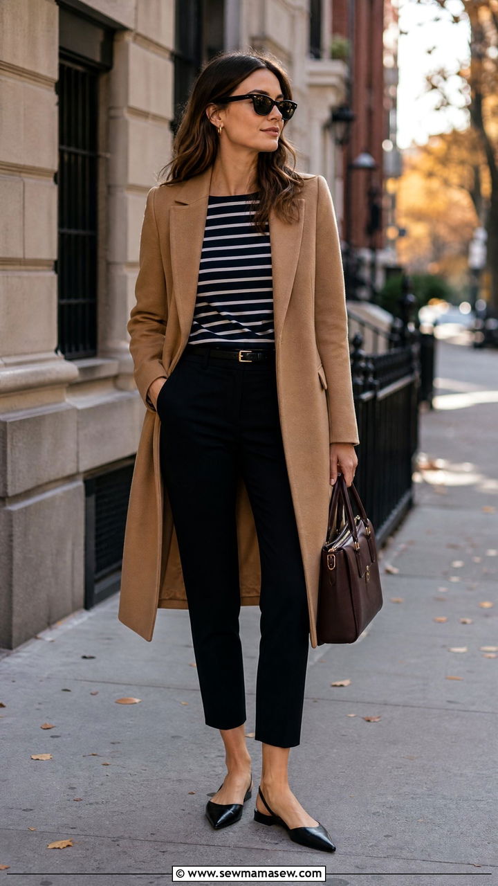Breton stripe top with a camel coat and cigarette pants - 25 French girl outfit ideas with Breton stripes