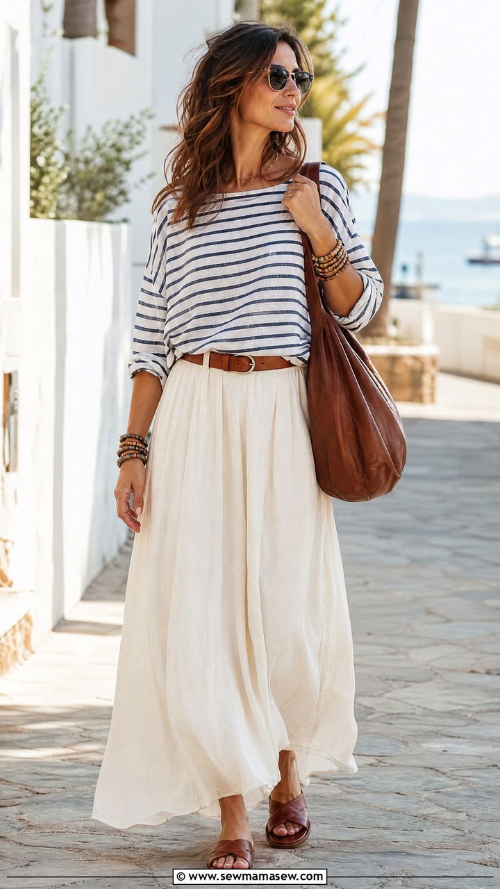 Breton stripe top with a flowy maxi skirt and flat leather sandals - 25 French girl outfit ideas with Breton stripes