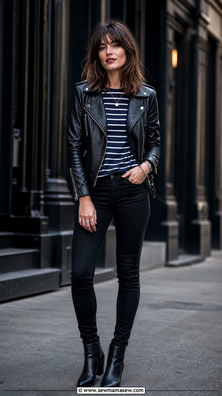 Breton stripe top with a leather moto jacket and black skinny jeans - 25 French girl outfit ideas with Breton stripes