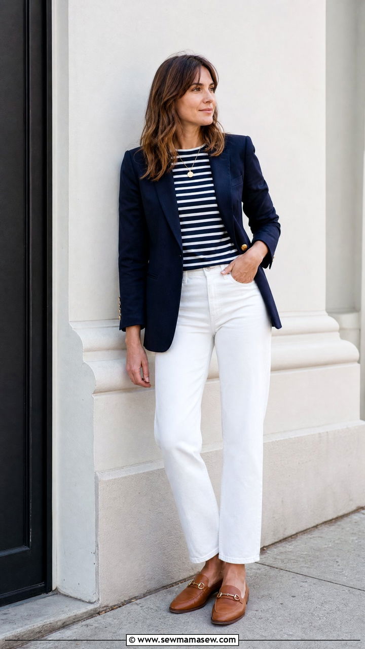 Breton stripe top with a navy blazer and white jeans - 25 French girl outfit ideas with Breton stripes