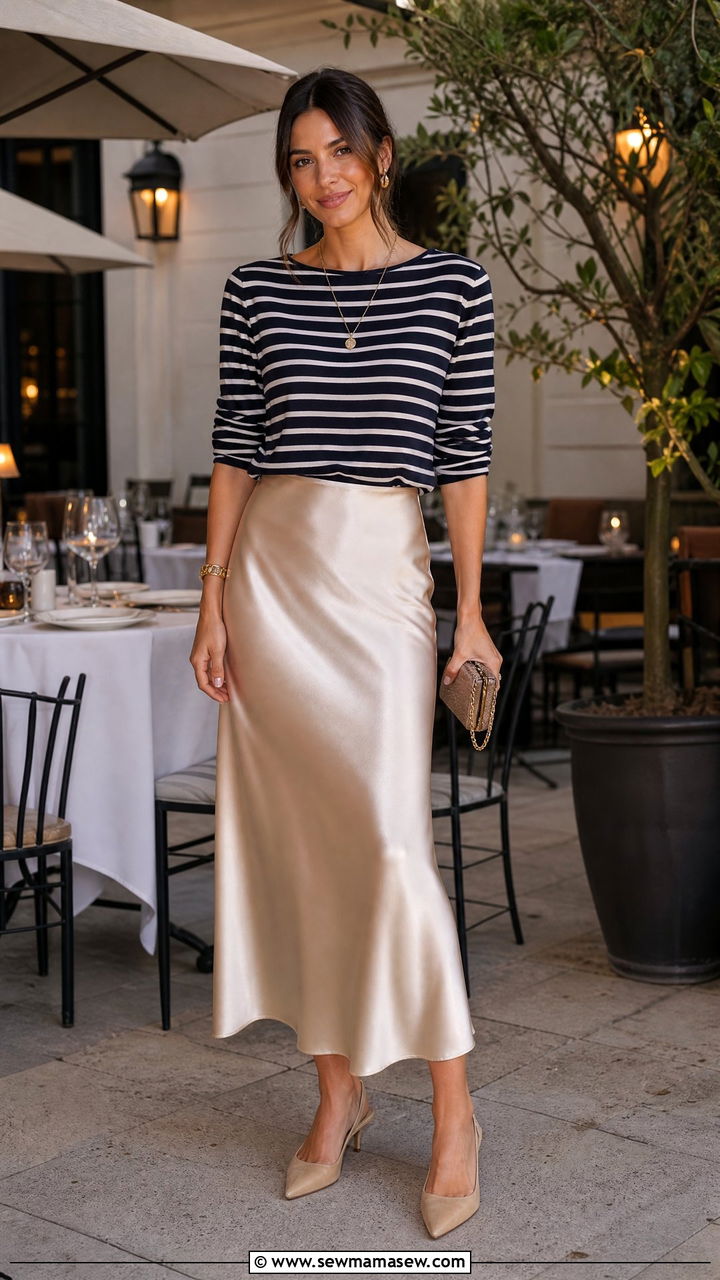 Breton stripe top with a silky slip skirt and kitten heel slingbacks - 25 French girl outfit ideas with Breton stripes