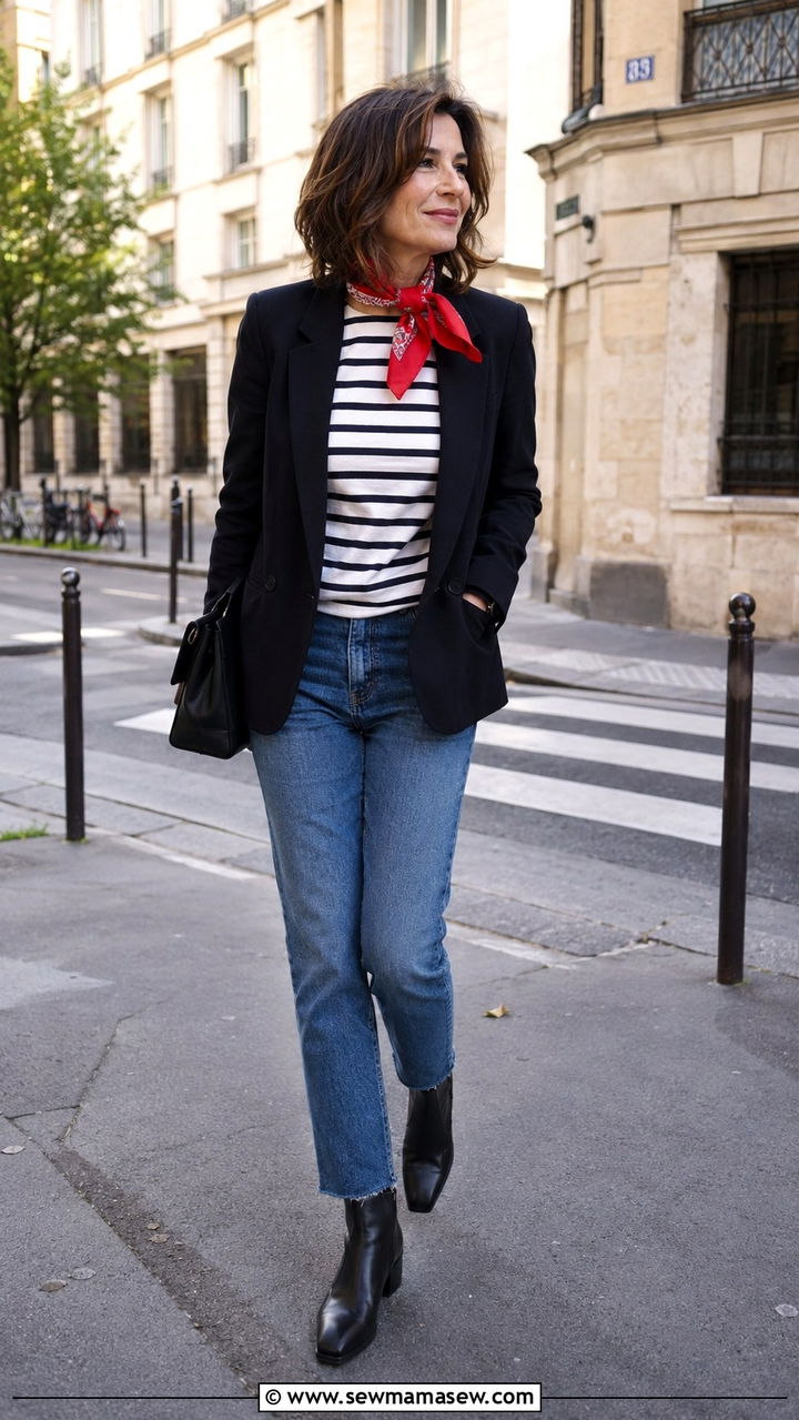 Breton stripe top with blazer and straight leg jeans - 30 parisian outfit ideas for women over 40