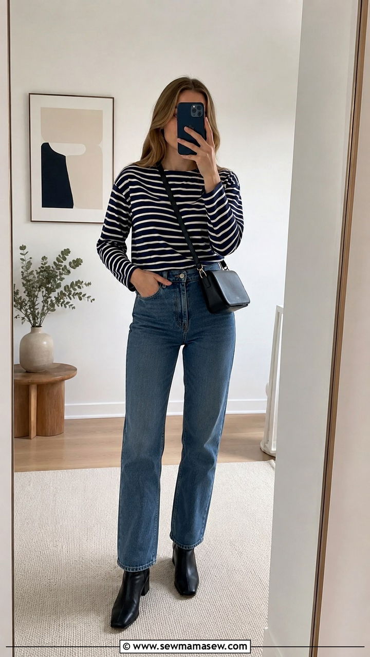 Breton stripe top with high waist jeans and ankle boots - 30 spring scandinavian outfits