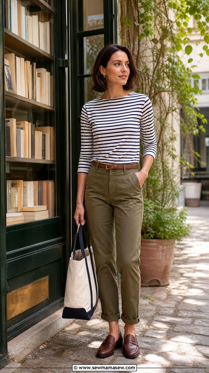Breton stripe top with khaki chinos and penny loafers - 25 French girl outfit ideas with Breton stripes