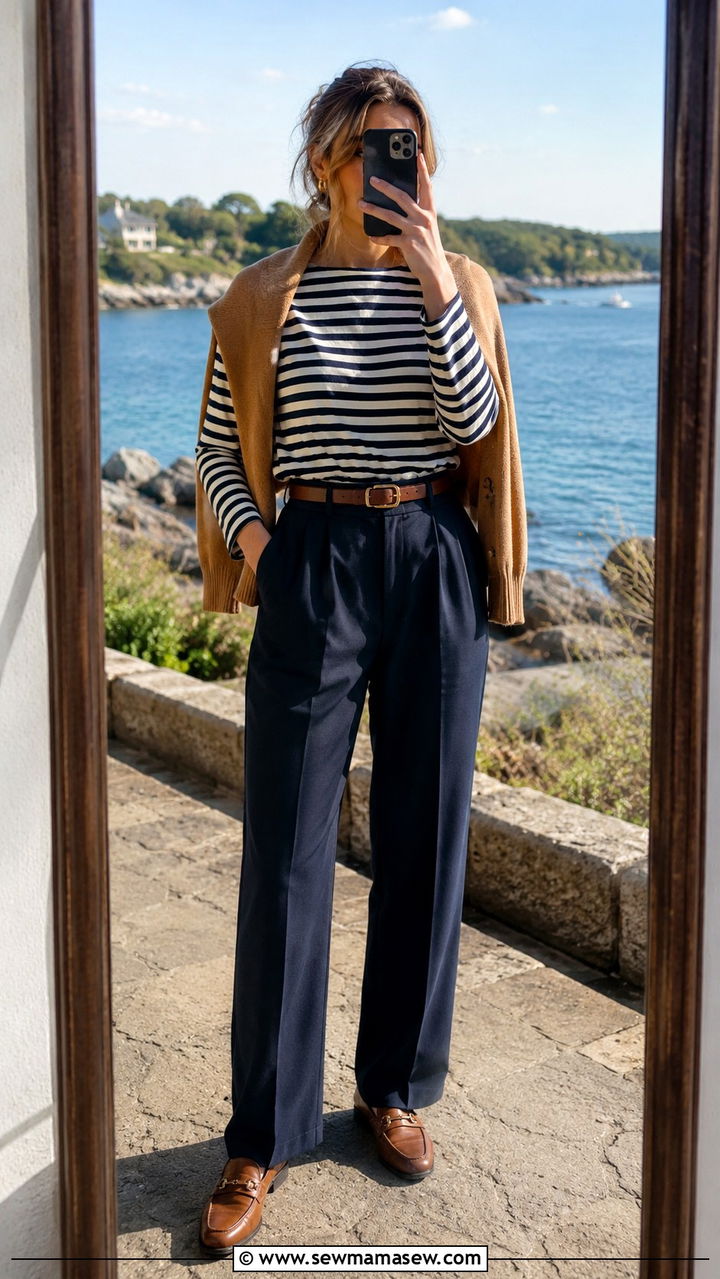 Breton stripe top with navy trousers - 25 Old money outfit ideas with trousers