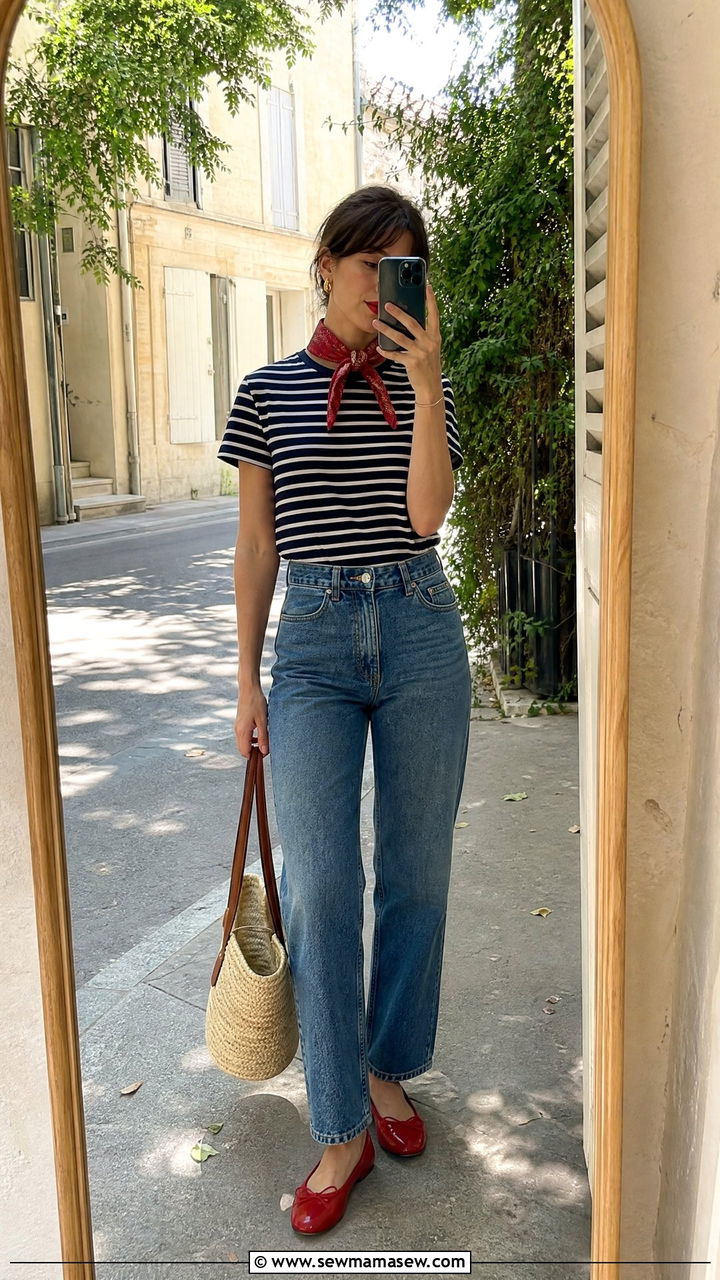 Breton stripe top with red ballet flats and a woven tote bag - 25 French girl outfit ideas with Breton stripes