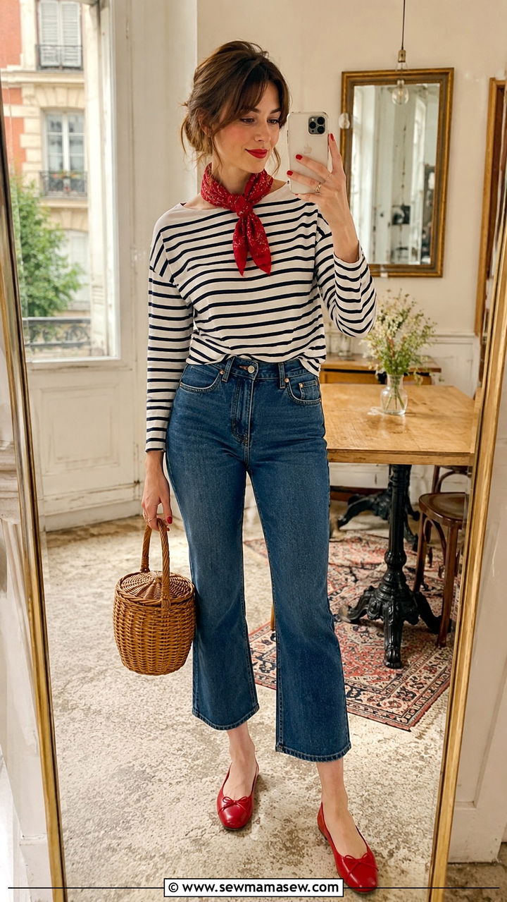 Breton stripe top with red scarf and cropped flares - 30 Spring outfits with scarves