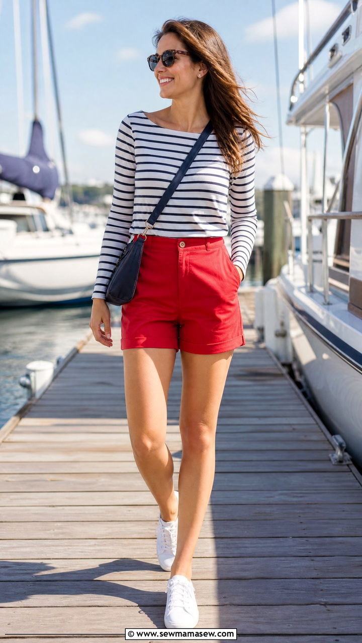 Breton stripe top with red shorts nautical outfit - 25 Sailboat outfit ideas