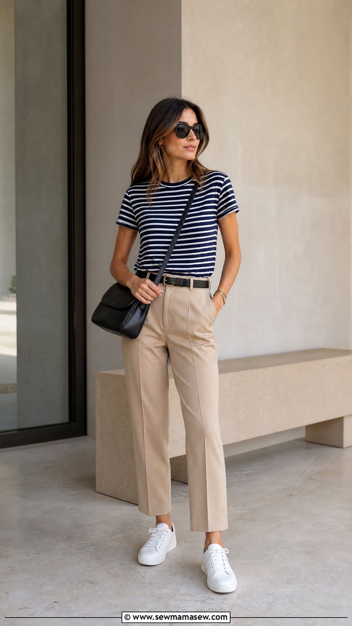Breton stripe top with tailored beige trousers and white leather sneakers - 25 French girl outfit ideas with Breton stripes