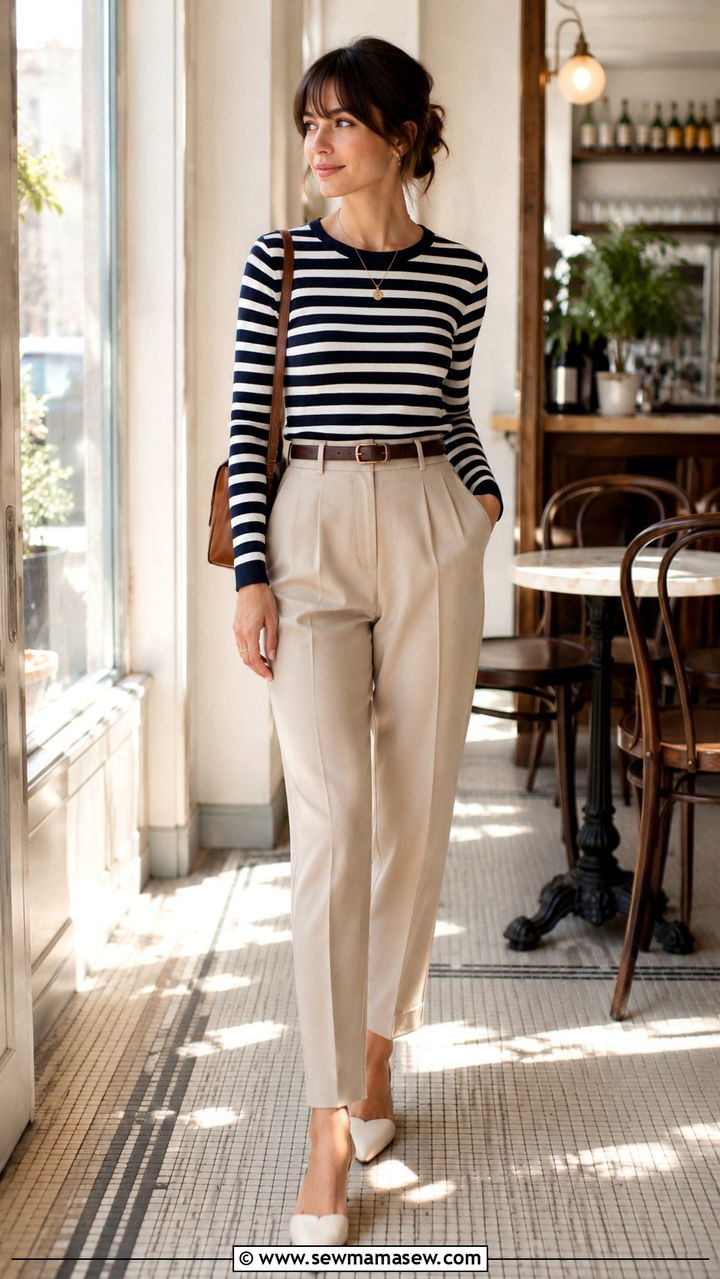 Breton stripe top with tailored trousers outfit - 25 Petite Parisian outfit ideas