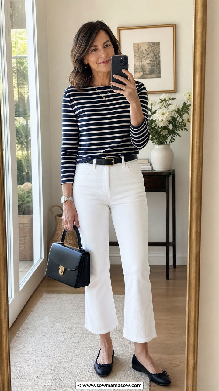 Breton stripe top with white cropped kick flare jeans - 30 Elevated casual outfit ideas for women over 40