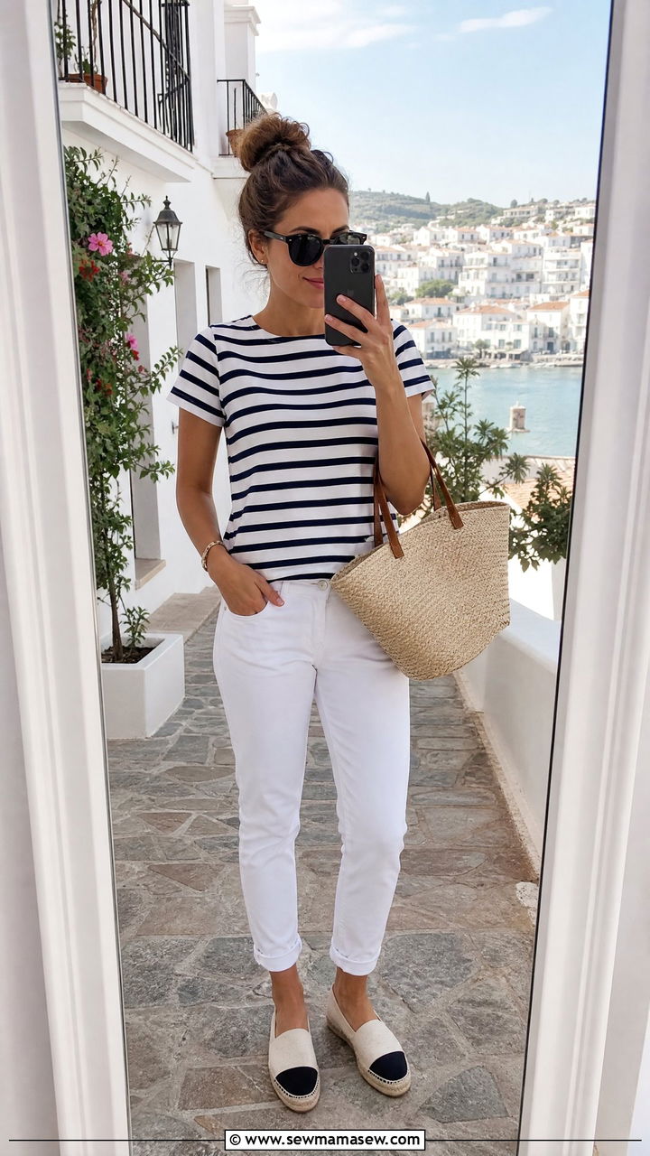 Breton stripe top with white jeans and espadrilles for summer - 25 French girl outfit ideas with Breton stripes