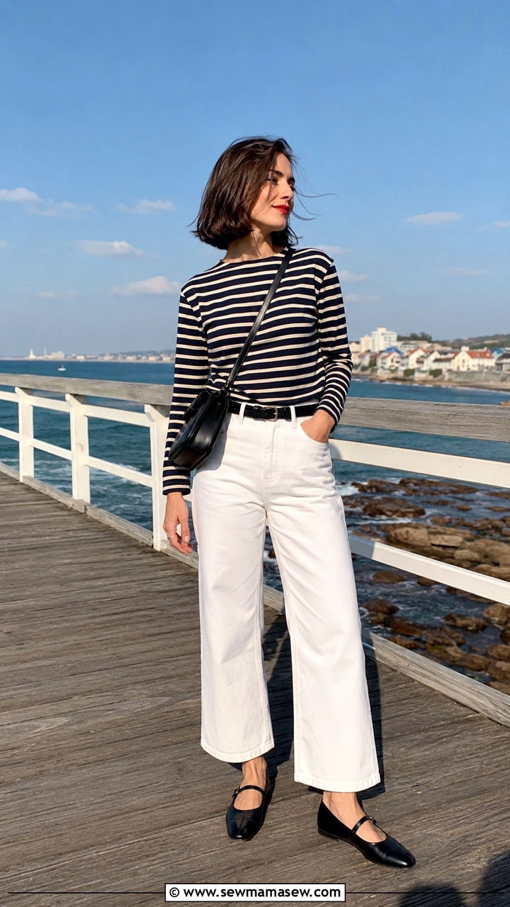 Breton stripe top with white wide leg cropped jeans - 25 Old money outfit ideas with Mary Jane flats