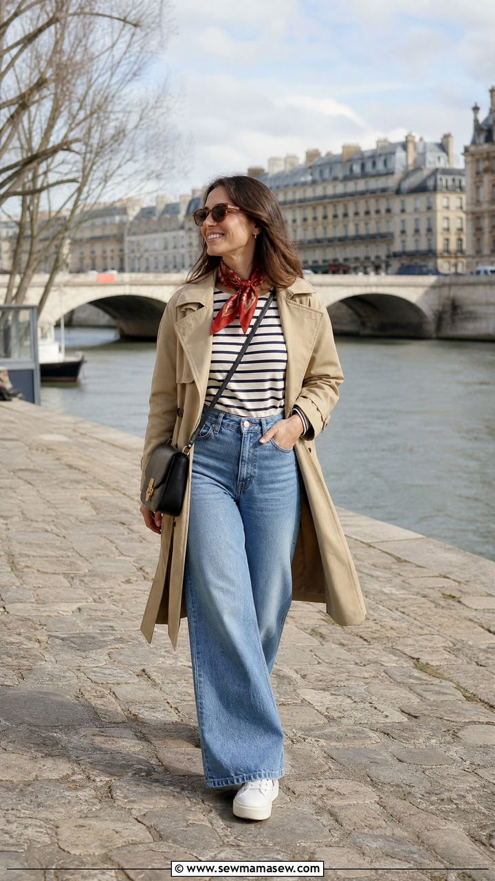 Breton stripe top with wide leg jeans - 30 cute Europe travel outfits
