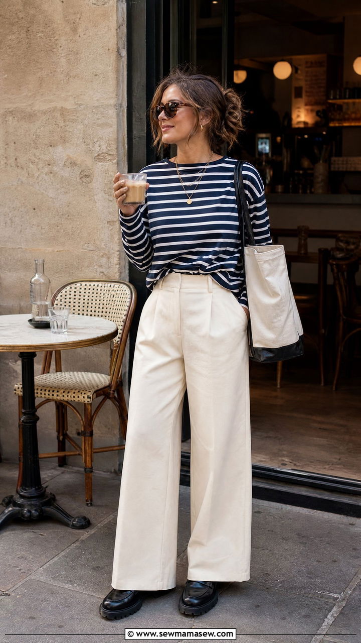 Breton stripe top with wide leg trousers and loafers - 25 French girl outfit ideas with Breton stripes