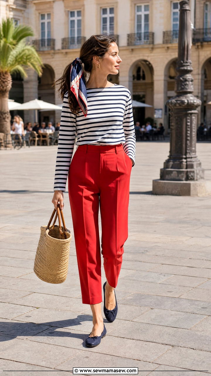 Breton striped top and red trousers outfit - 35 Modern preppy outfit ideas