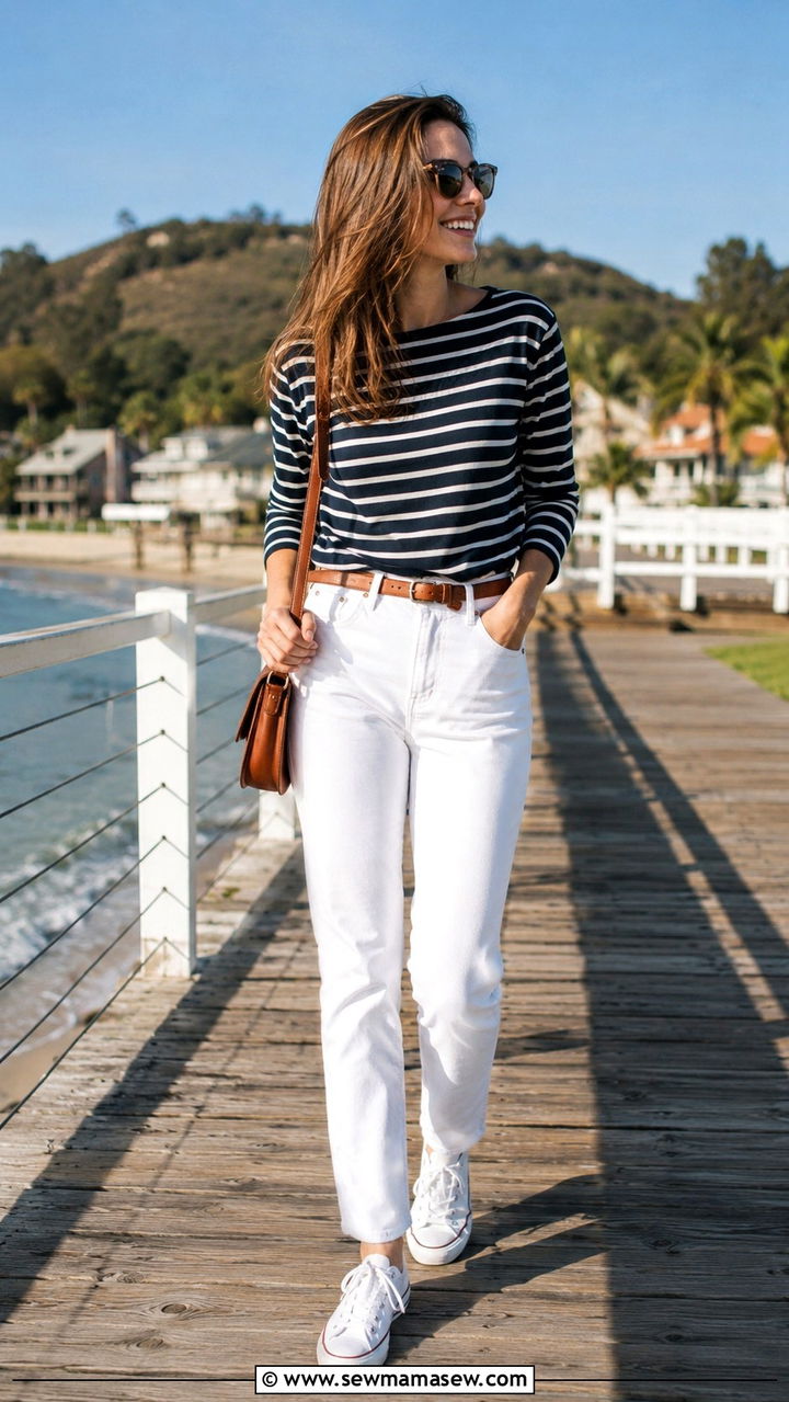 Breton striped top and white jeans outfit - 20 Quiet luxury outfit ideas Kate Middleton