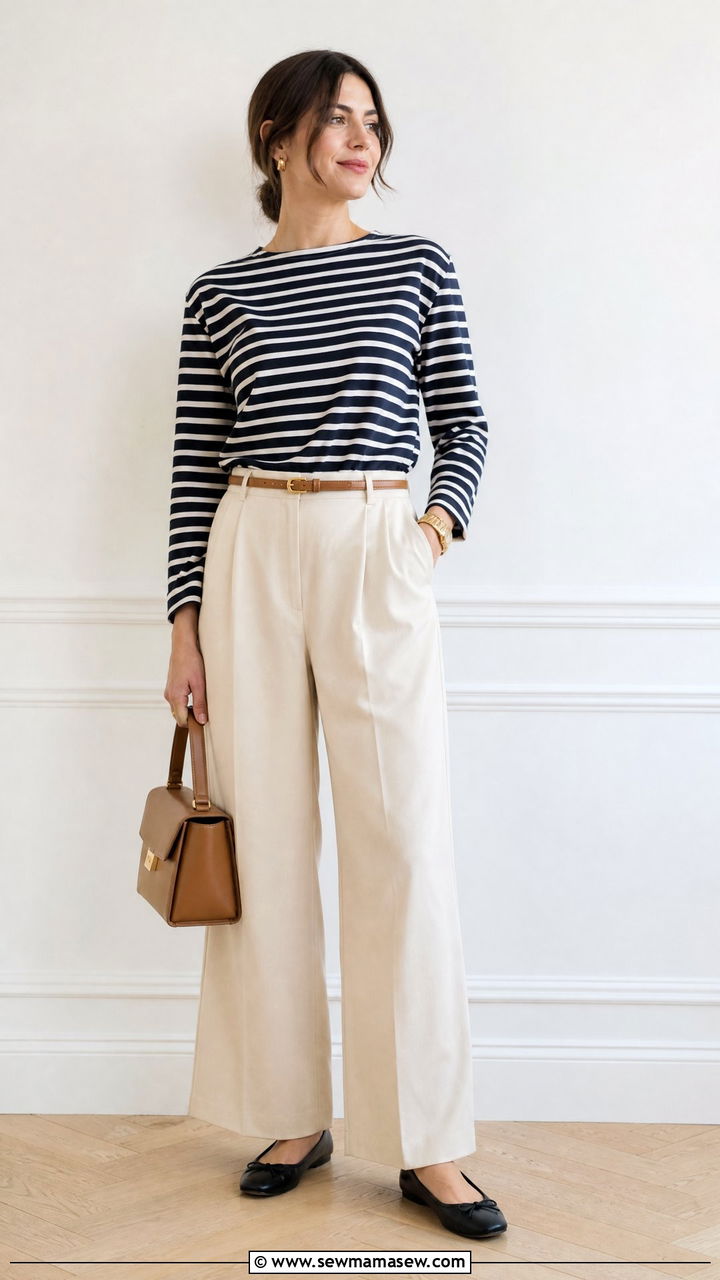 Breton striped top with beige trousers and ballet flats - 20 Spring outfits for 60-70 degree weather