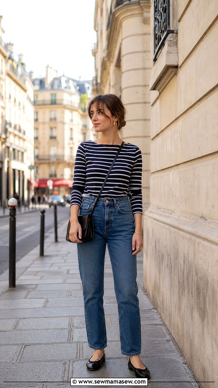 Breton striped top with high waisted straight leg jeans - 25 Petite French girl outfit ideas