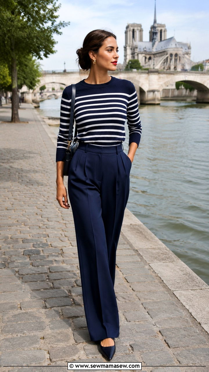 Breton stripes and wide leg trousers - 30 Spring Parisian outfits 2026