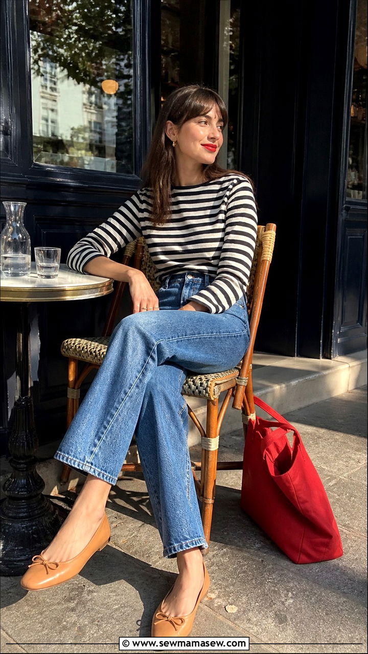 Breton top with high waisted jeans outfit - 40 Parisian chic outfit ideas