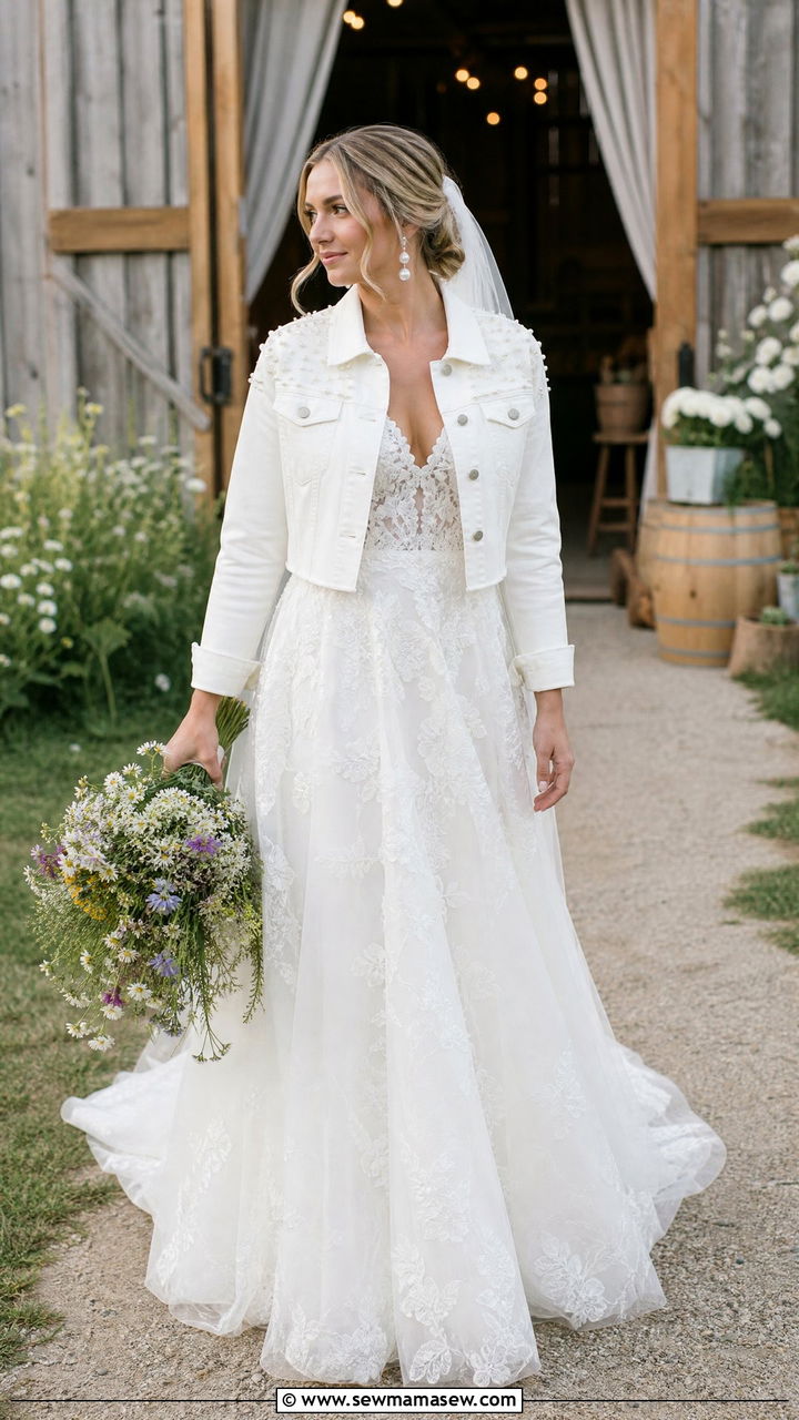 Bride Denim Jacket With Wedding Gown And Veil - 35 How to style a denim jacket for a wedding