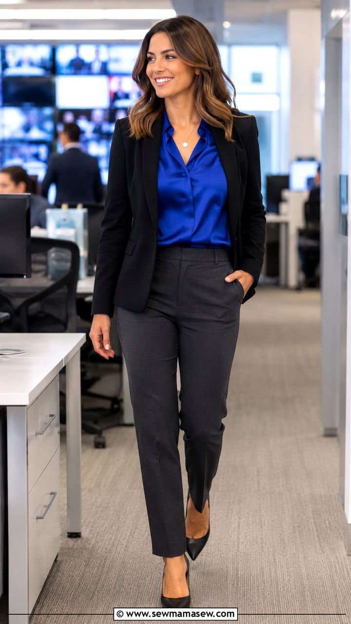 Bright Blouse With Neutral Blazer And Trousers - 25 Reporter outfit ideas