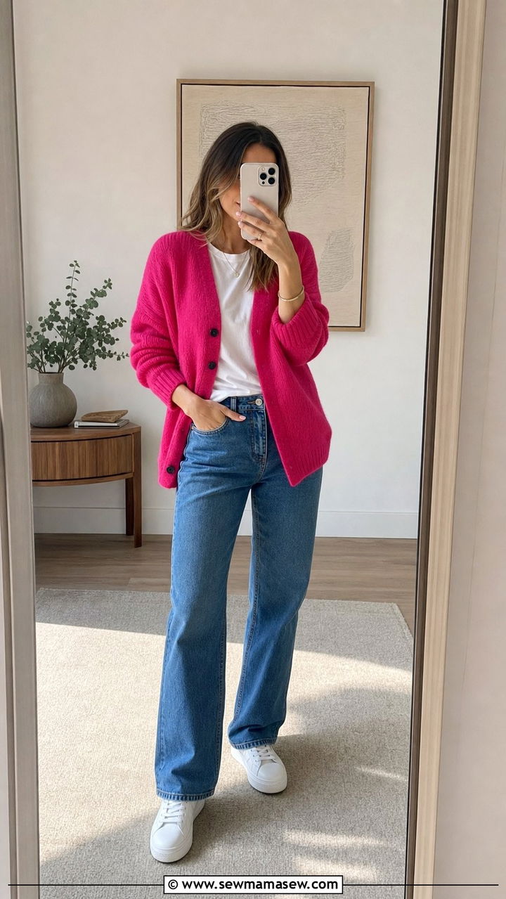 Bright Cardigan With White Tee And Straight Leg Jeans - 35 April outfit ideas