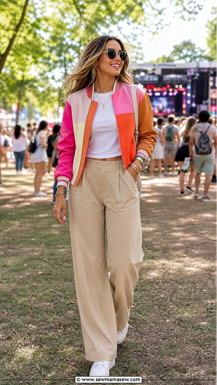 Bright Color Block Bomber With Neutral Wide Leg Pants - 25 how to style bomber jacket