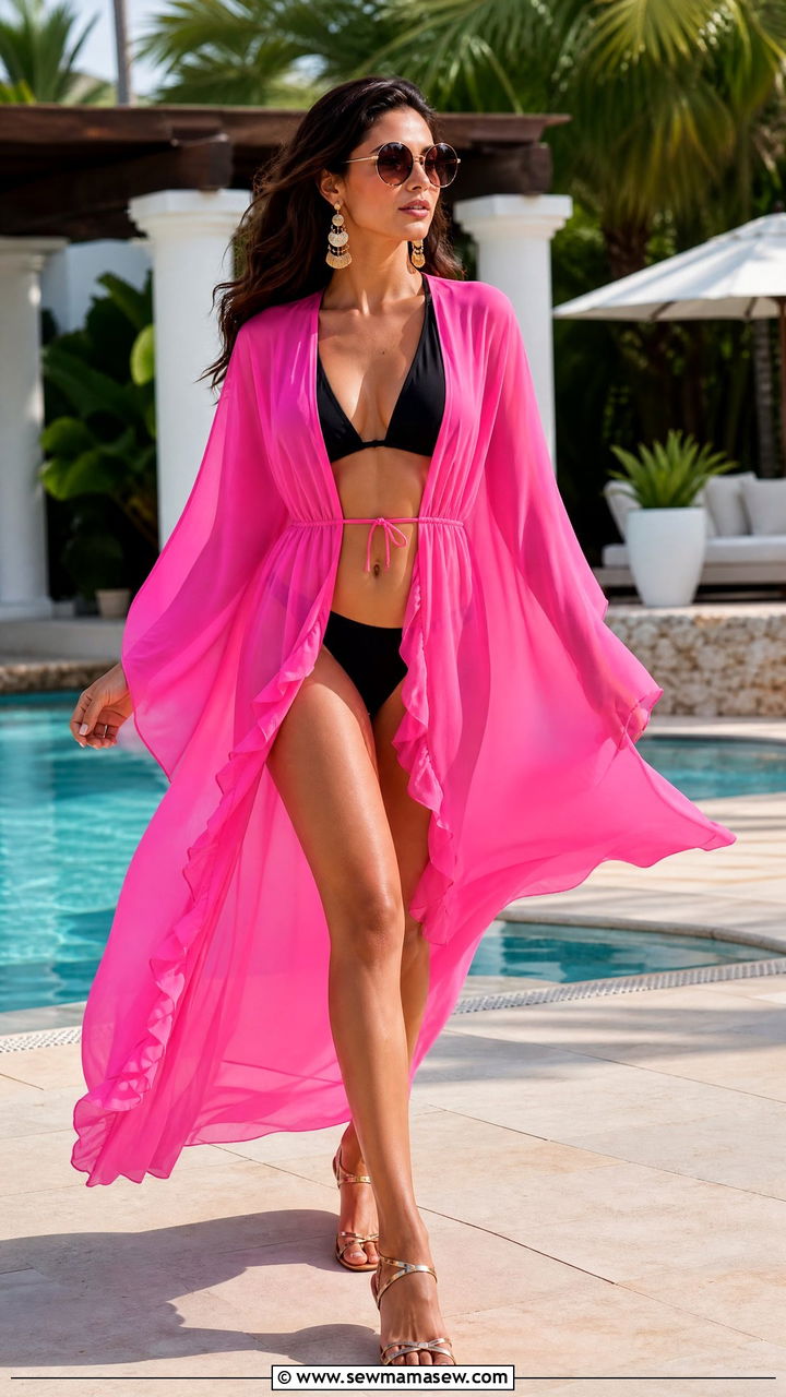 Bright Color Kaftan With Black Bikini And Statement Earrings - 30 summer swimsuit cover up outfit ideas