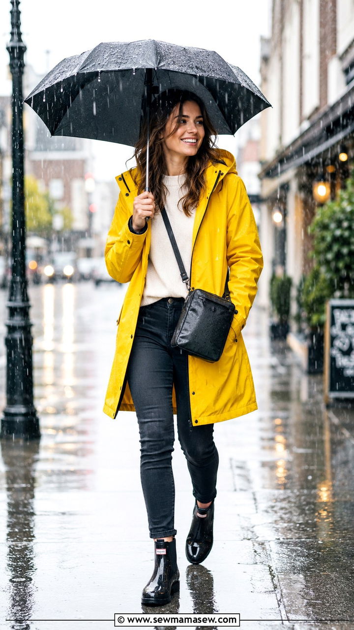 Bright Color Rain Jacket With Skinny Jeans And Rubber Boots - 30 Rainy day casual outfit ideas