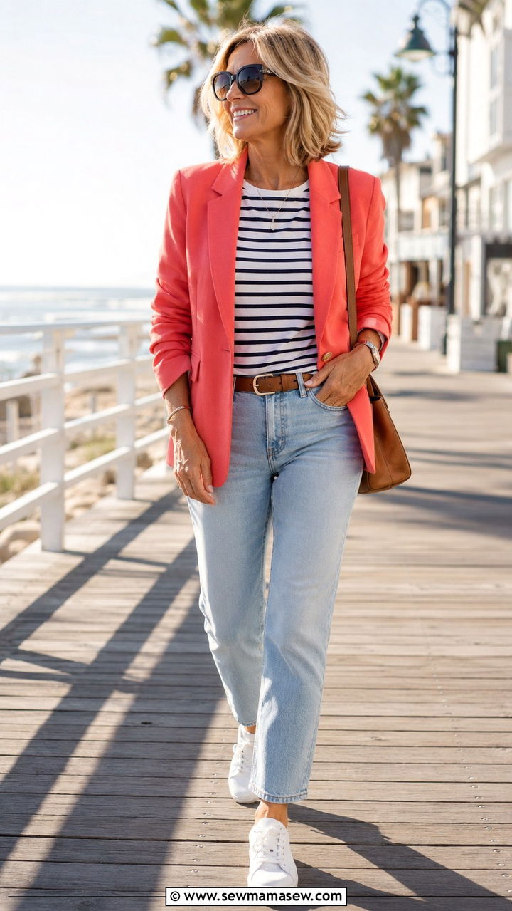 Bright Coral Blazer with Striped Tee - 25 blazer outfits for women over 40