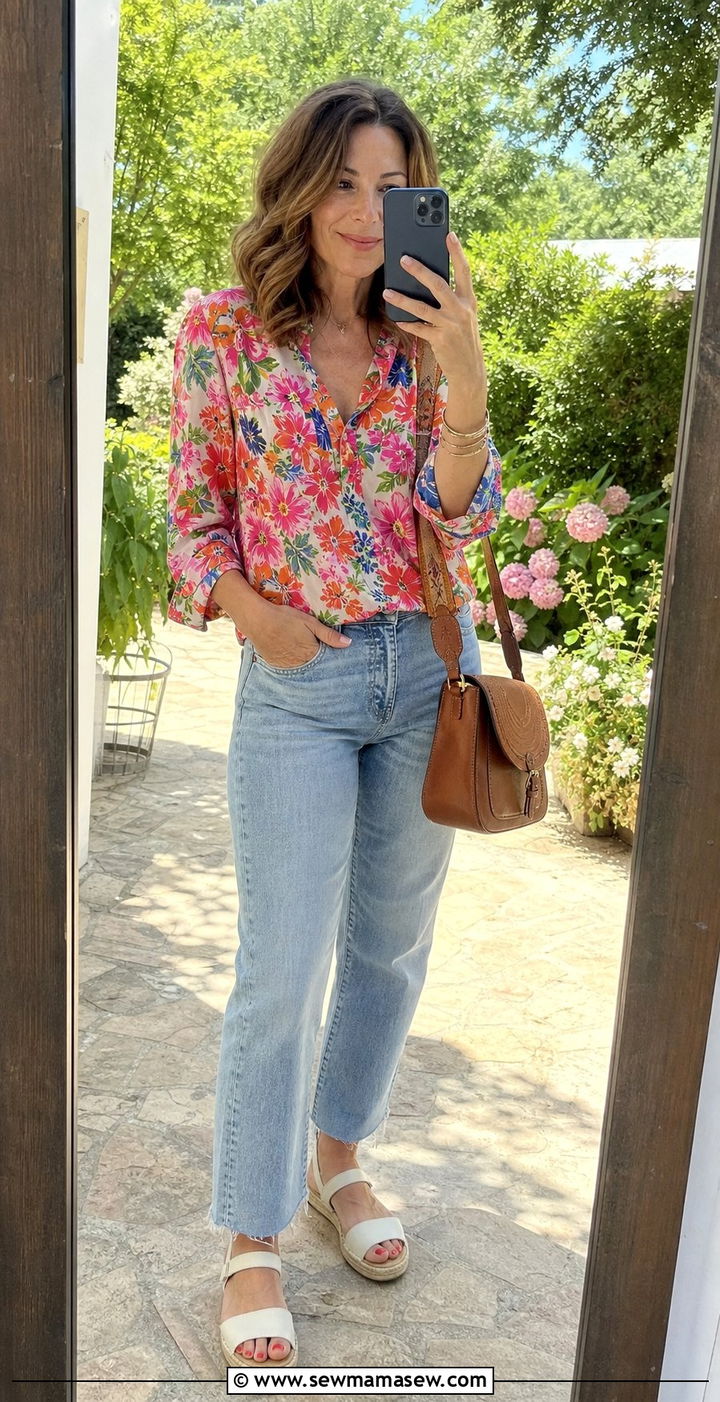 Bright Floral Blouse with Light Wash Jeans - 35 Brunch outfits for women over 40