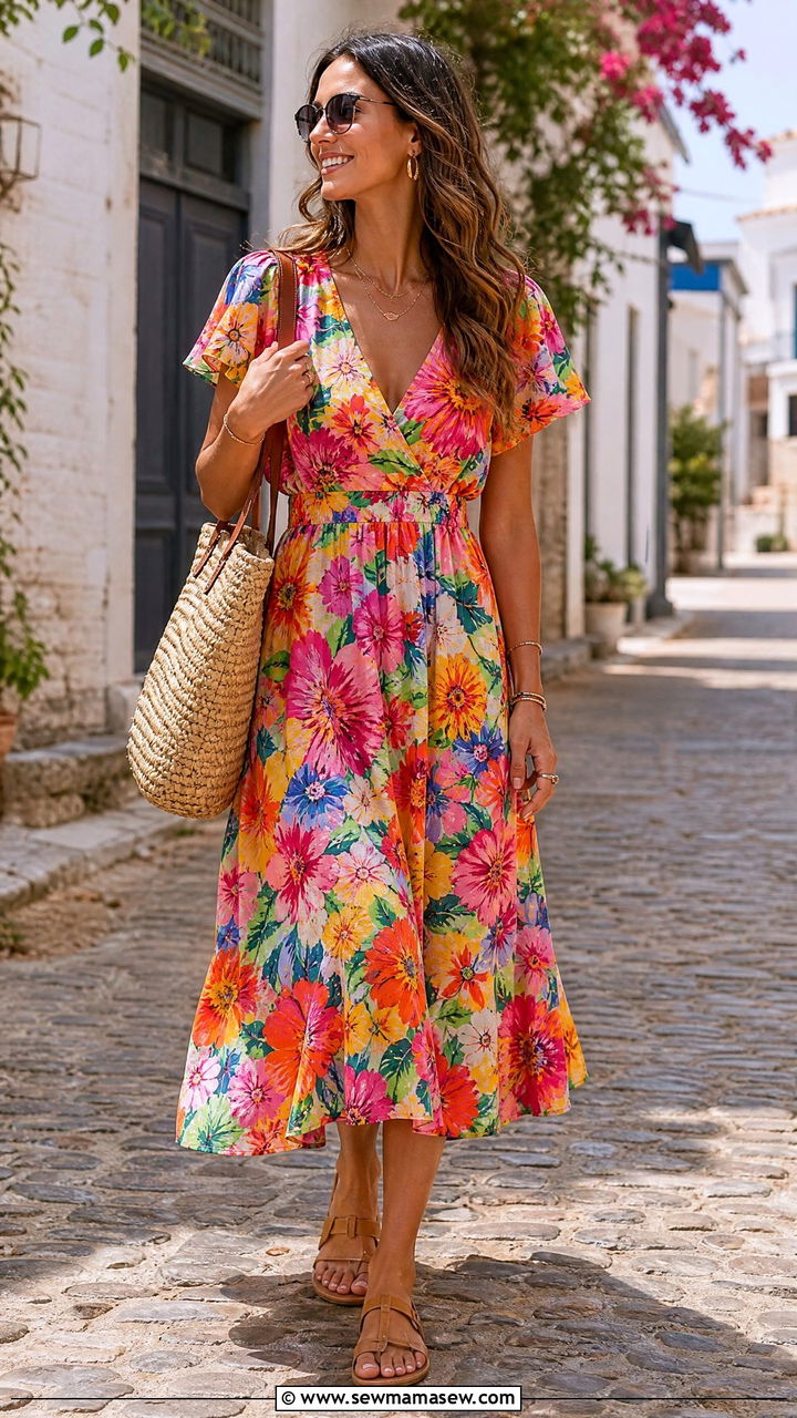 Bright Floral Dress with Flat Sandals - 40 Spring vacation outfits