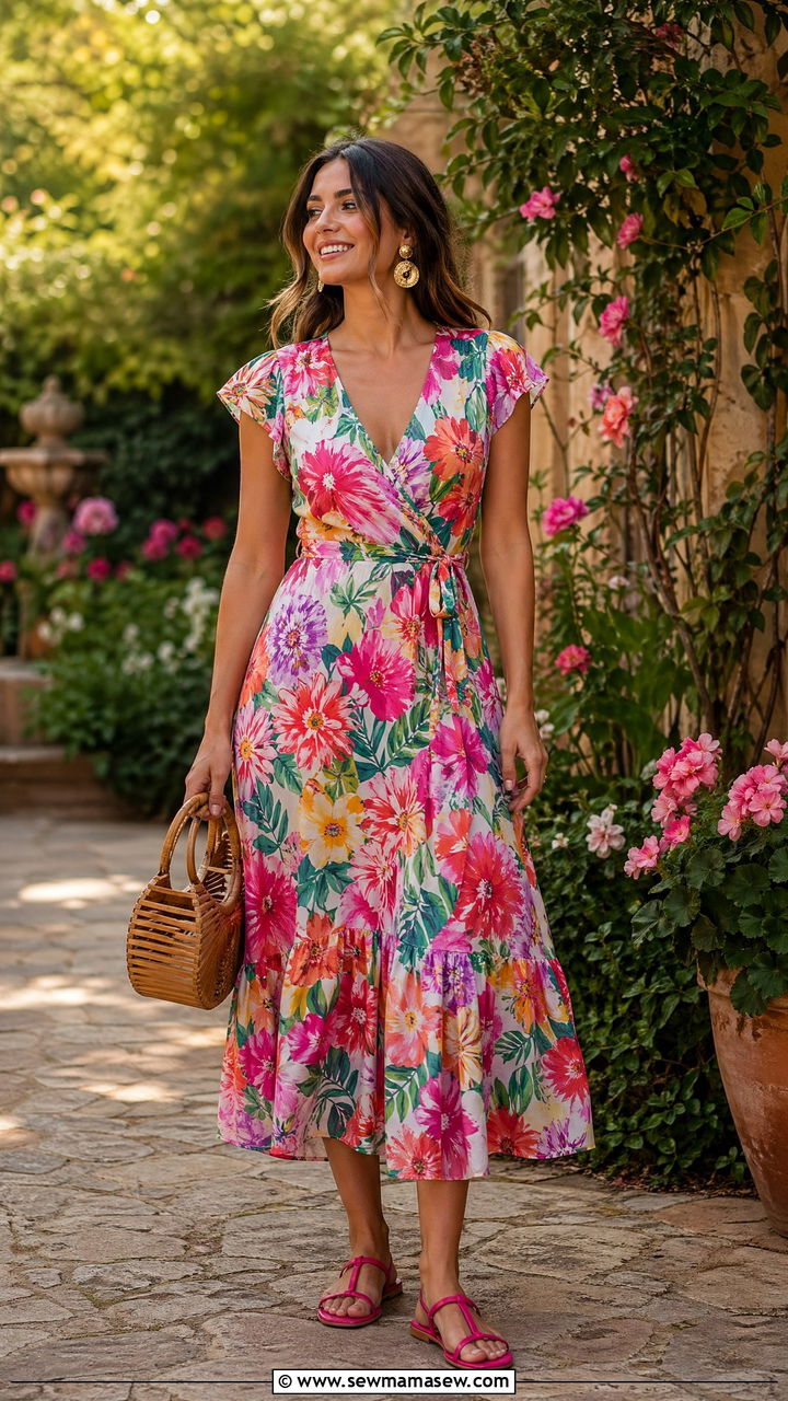 Bright Floral Midi Dress and Colorful Sandals Outfit - 35 Dopamine dressing outfit ideas